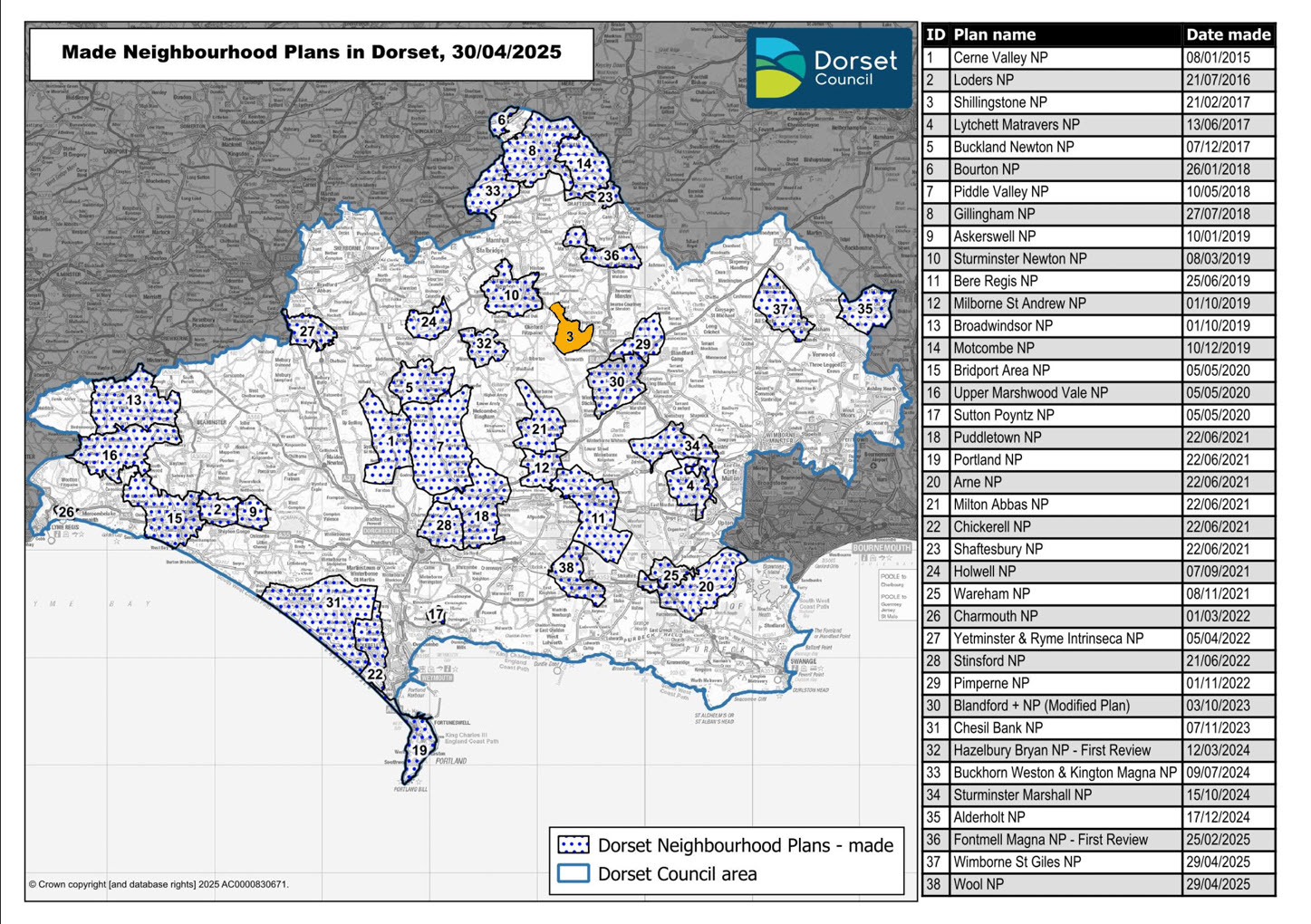 Map depicting Parish Neighbourhood Plans in Dorset (2025)